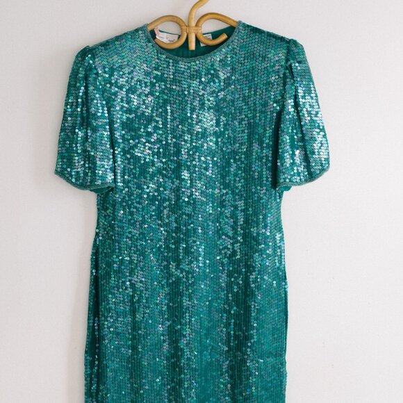 Vintage Laurence Kazar 100% Silk Turquoise Sequin Holiday Dress - Picture 3 of 3